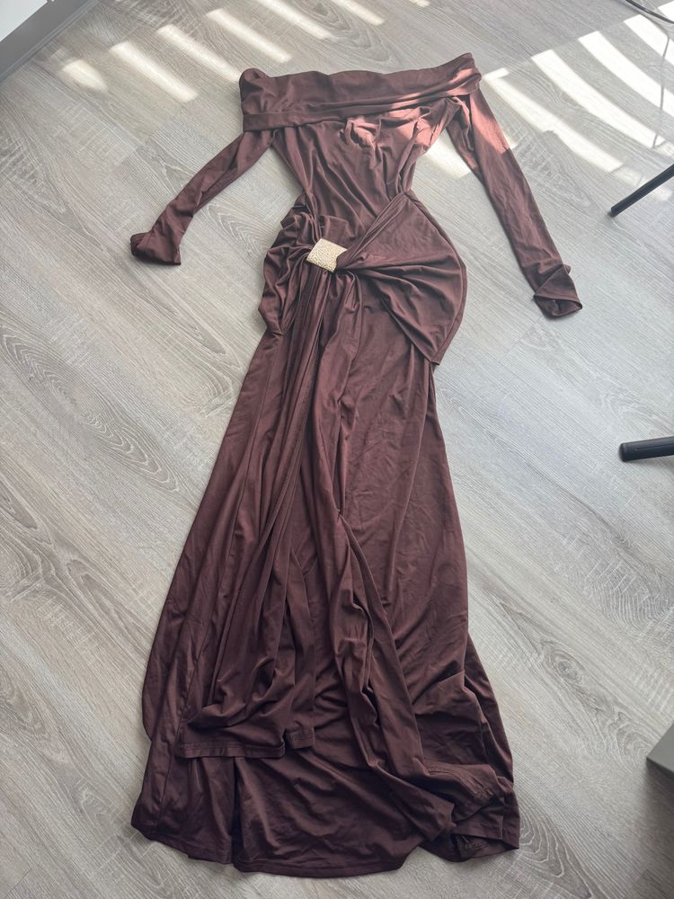 Brown Off-Shoulder Long Dress