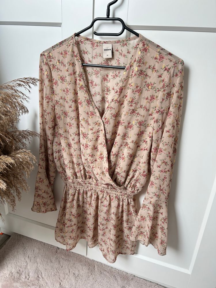 Jesienna bluzka z falbanka baskinka długi rękaw M | zebra floral print blouse 2