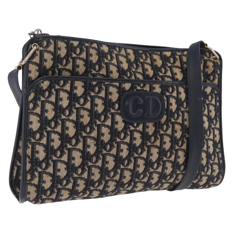 Christian Dior Trotter Canvas Shoulder Bag Navy Gold Auth 210768 - Jerrillo