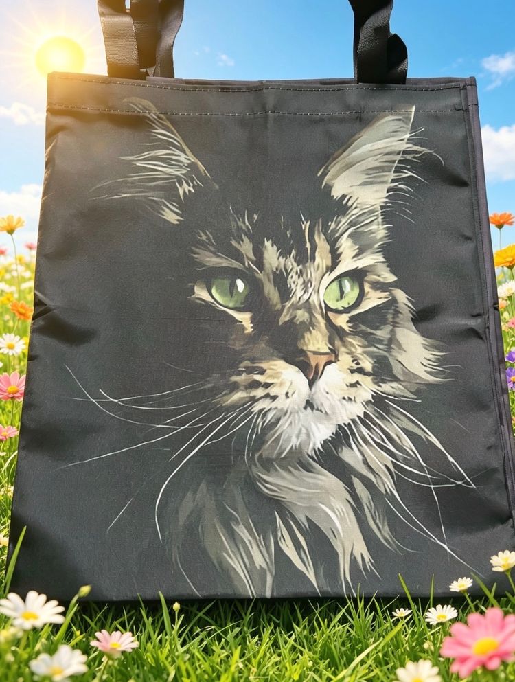 Black Tote Bag With Cat Face Print