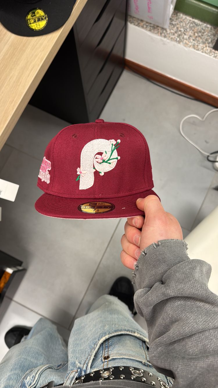 Maroon Baseball Cap With Floral Embroidered P