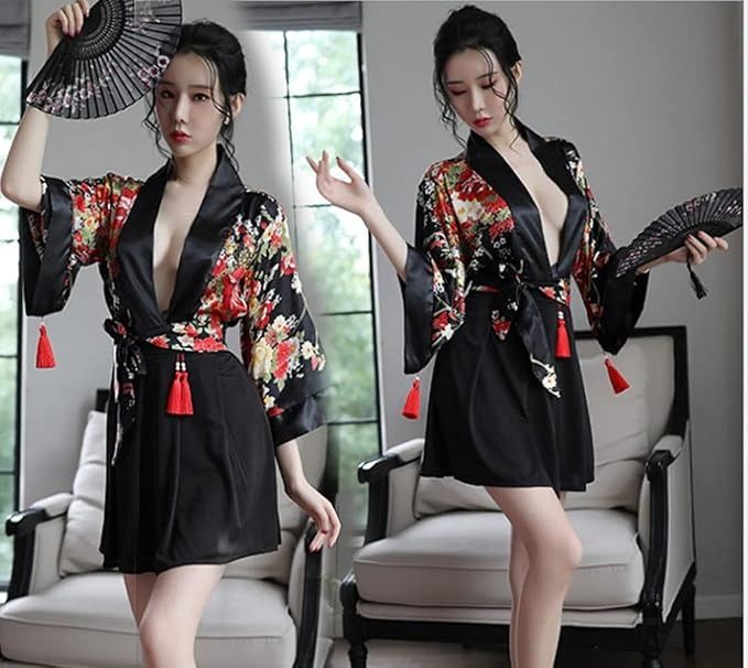 Floral Kimono Robe With Black Satin Trim imagen 2