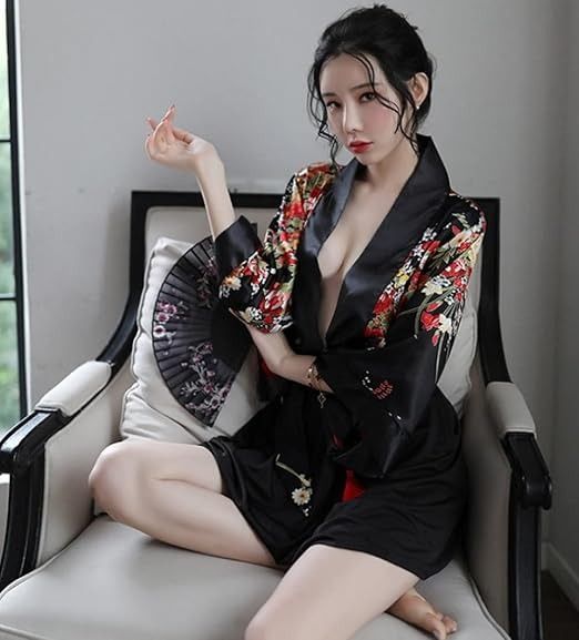 Floral Kimono Robe With Black Satin Trim imagen 3