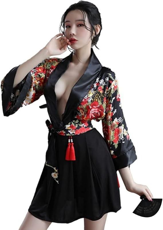 Immagine di Floral Kimono Robe With Black Satin Trim 1