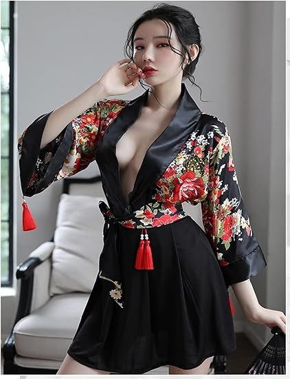 Floral Kimono Robe With Black Satin Trim imagen 4
