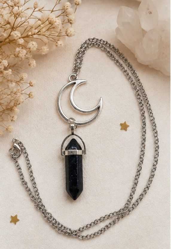 Silver Chain Necklace With Crescent Moon And Black Pendant image 1