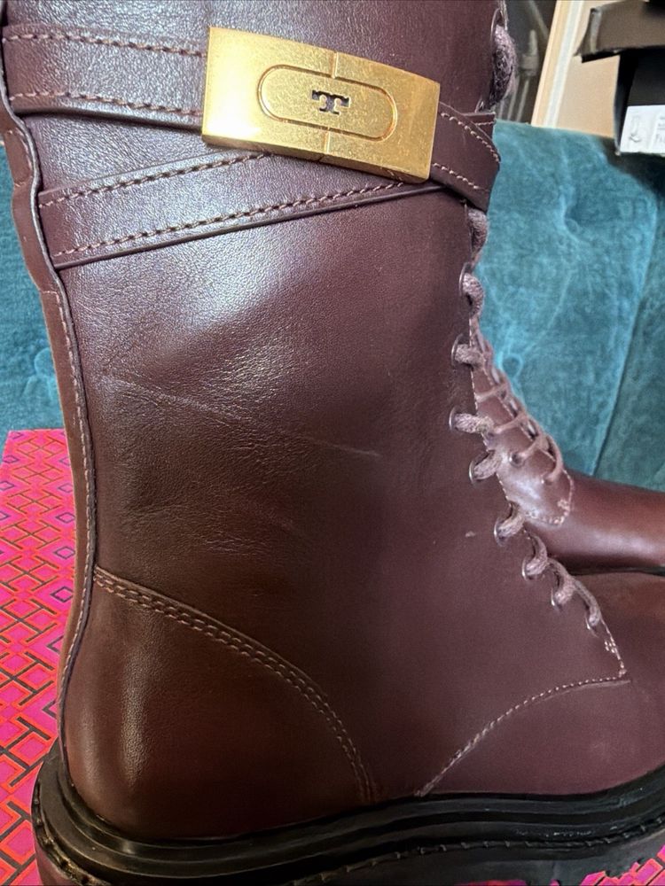 Tory Burch Plum Buckle Leather Lace-Up Combat Boots £425 UK 3.5 BNIB image 2