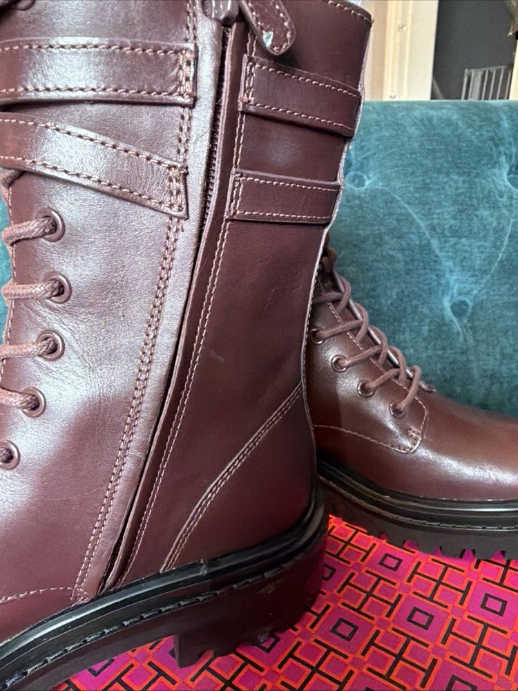 Tory Burch Plum Buckle Leather Lace-Up Combat Boots £425 UK 3.5 BNIB image 3