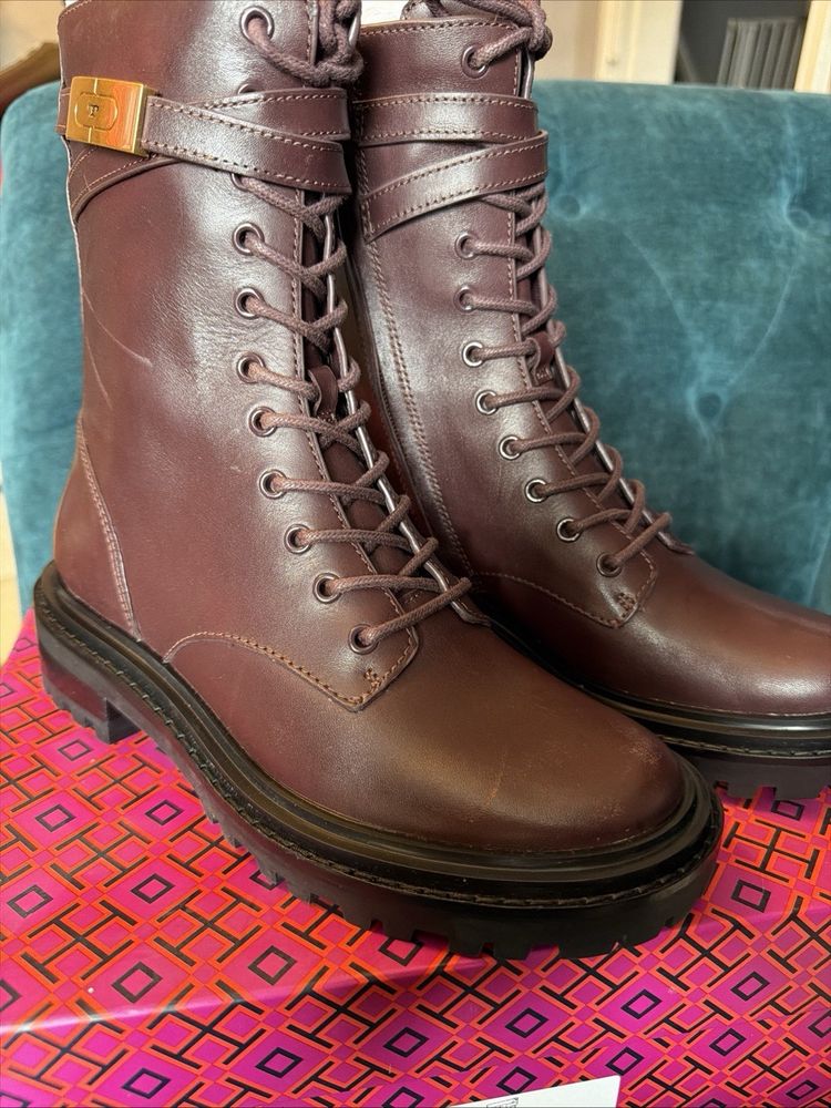 Tory Burch Plum Buckle Leather Lace-Up Combat Boots £425 UK 3.5 BNIB image 1
