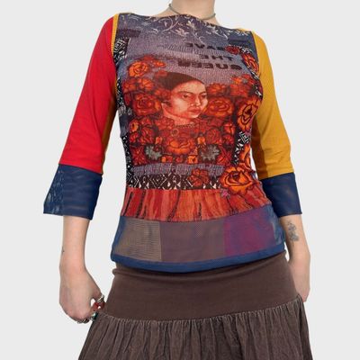 Save the Queen Graphic Face Print Mesh Top - S/M