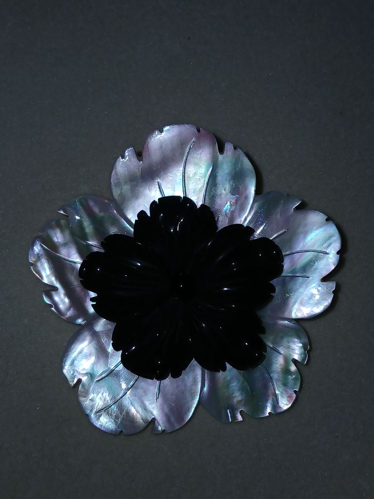 Vintage Carved Mother of Pearl & Black Shell Layered Flower Pendant image 6