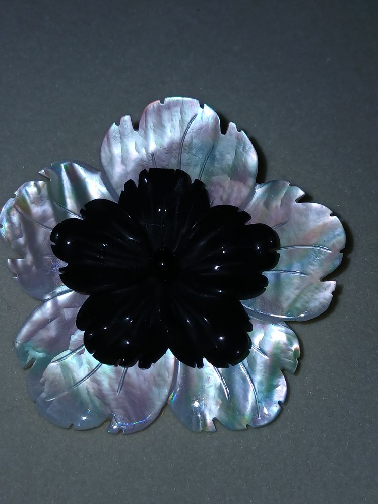 Vintage Carved Mother of Pearl & Black Shell Layered Flower Pendant image 7