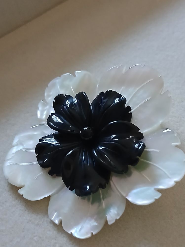 Vintage Carved Mother of Pearl & Black Shell Layered Flower Pendant image 1