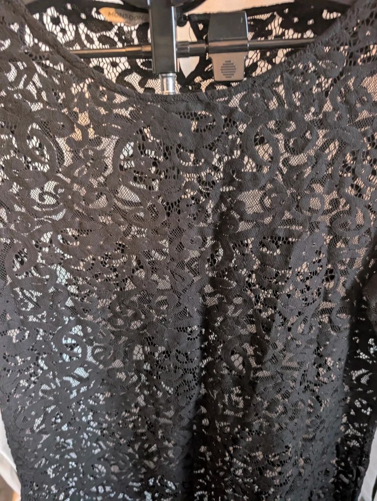 Monsoon Black Floral Lace Shift Dress Sheer Tunic Overlay Goth Whimsigoth Top image 2
