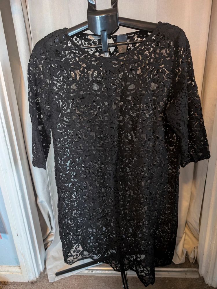 Monsoon Black Floral Lace Shift Dress Sheer Tunic Overlay Goth Whimsigoth Top image 1