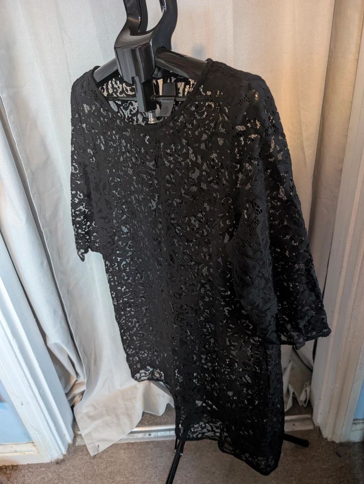 Monsoon Black Floral Lace Shift Dress Sheer Tunic Overlay Goth Whimsigoth Top image 5