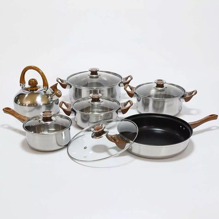 NEW 12pcs Stainless Steel Cookware Saucepan, Casserole & Fry Pan Set With Glass Lid UK 10