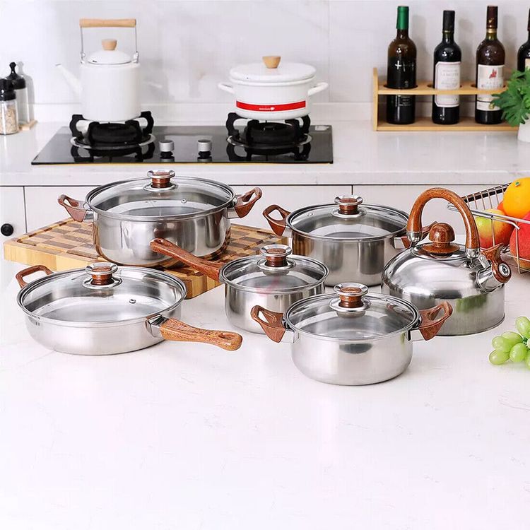 NEW 12pcs Stainless Steel Cookware Saucepan, Casserole & Fry Pan Set With Glass Lid UK 11