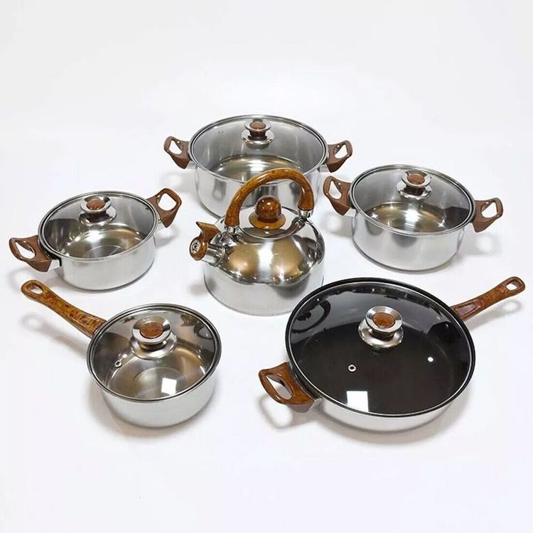 NEW 12pcs Stainless Steel Cookware Saucepan, Casserole & Fry Pan Set With Glass Lid UK 6