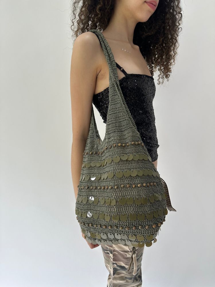 festival drop | khaki green knit slouchy sequin bag image 8