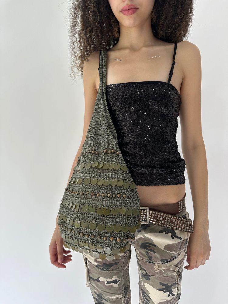 festival drop | khaki green knit slouchy sequin bag image 6