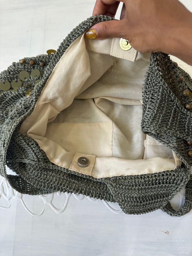 festival drop | khaki green knit slouchy sequin bag image 5