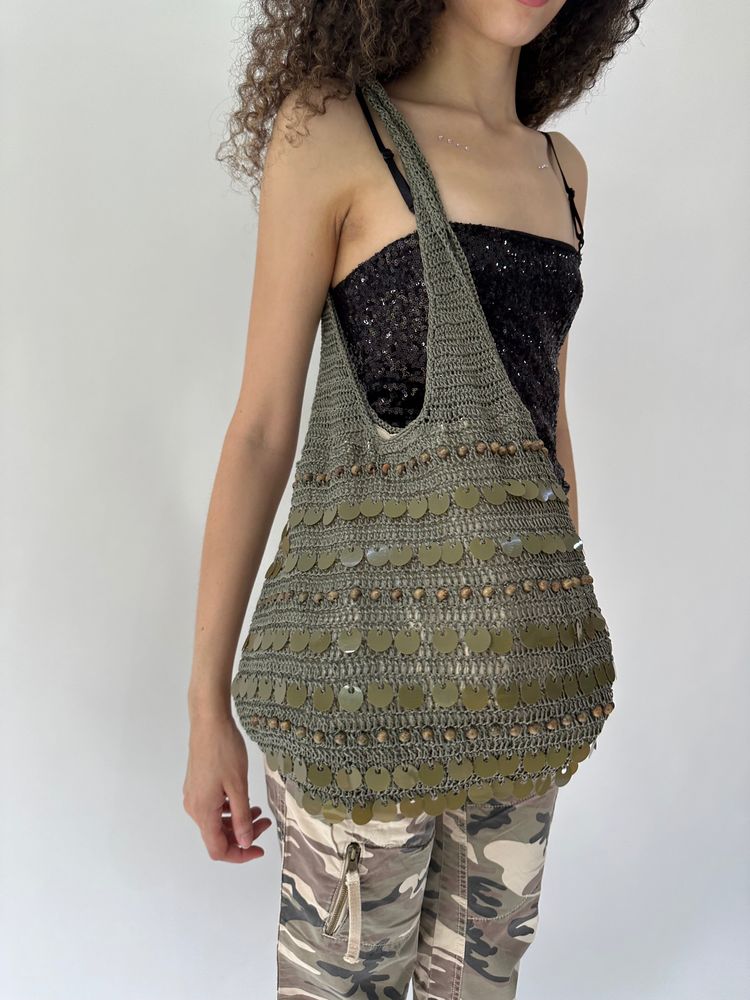 festival drop | khaki green knit slouchy sequin bag image 1