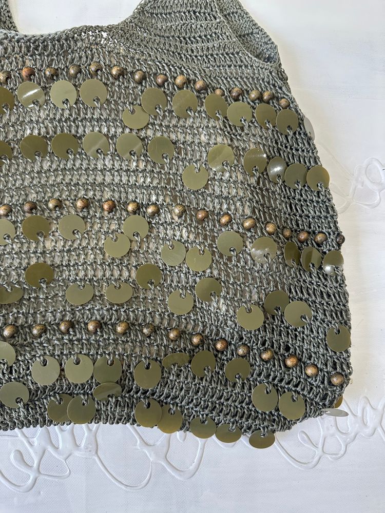 festival drop | khaki green knit slouchy sequin bag image 3
