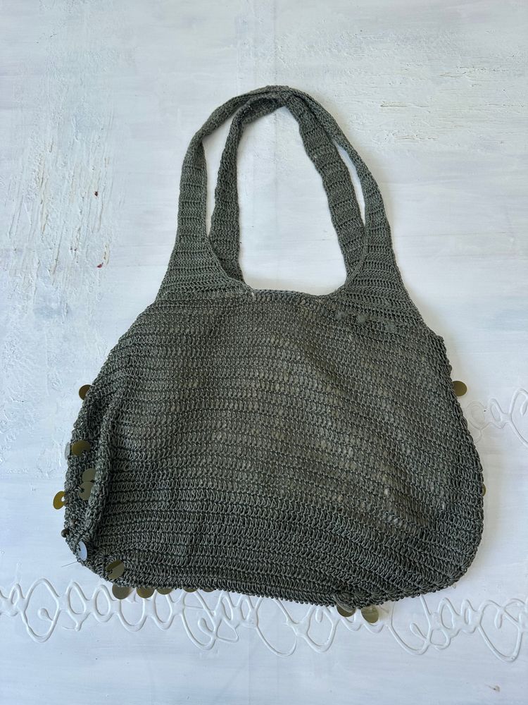 festival drop | khaki green knit slouchy sequin bag image 4