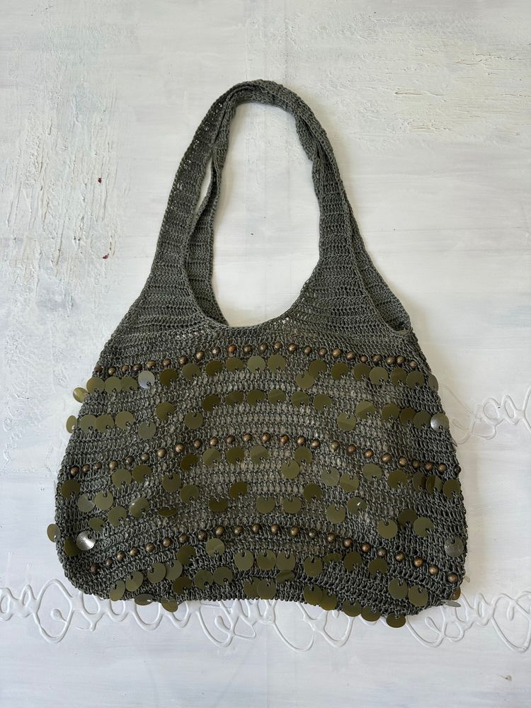 festival drop | khaki green knit slouchy sequin bag image 7