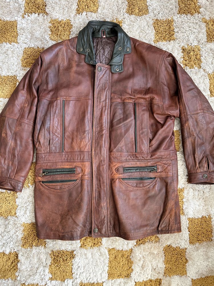 Other Brown Leather Retro Jacket With Green Collar product image