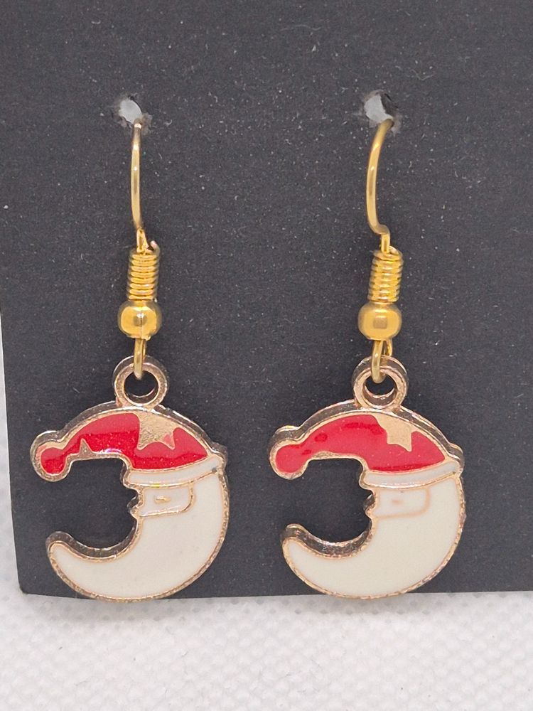 Crescent Moon Earrings With Red And White Santa Hats image 1