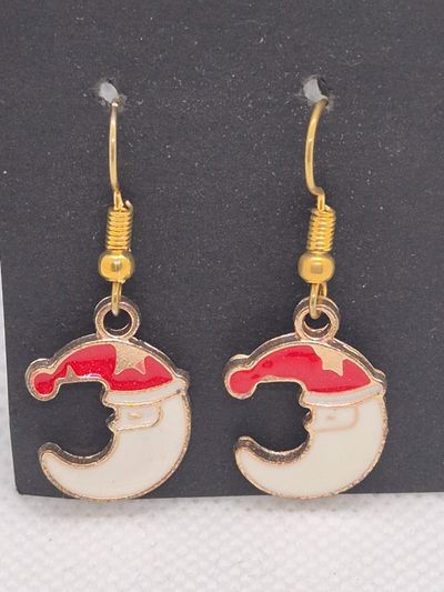 Crescent Moon Earrings With Red And White Santa Hats