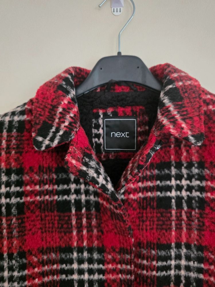 Next Girls Red & Black Tartan Check Wool-Blend Borg-Lined Coat (Age 7 Years / 122cm) obraz 2