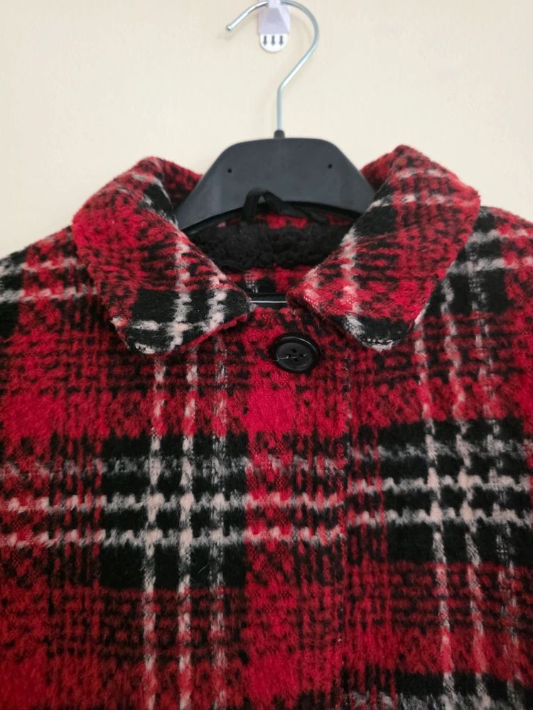 Next Girls Red & Black Tartan Check Wool-Blend Borg-Lined Coat (Age 7 Years / 122cm) obraz 3