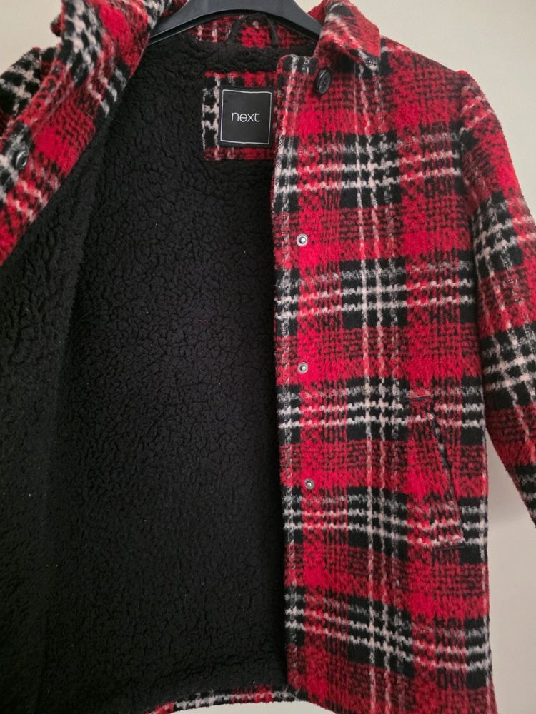 Next Girls Red & Black Tartan Check Wool-Blend Borg-Lined Coat (Age 7 Years / 122cm) obraz 5