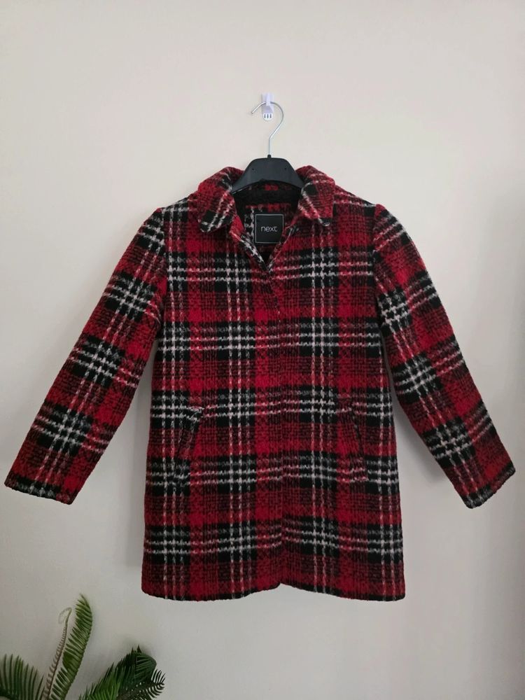 Next Girls Red & Black Tartan Check Wool-Blend Borg-Lined Coat (Age 7 Years / 122cm) image 1
