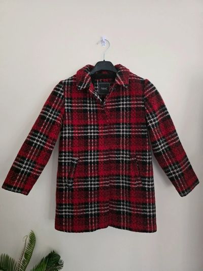 Next Girls Red & Black Tartan Check Wool-Blend Borg-Lined Coat (Age 7 Years / 122cm)