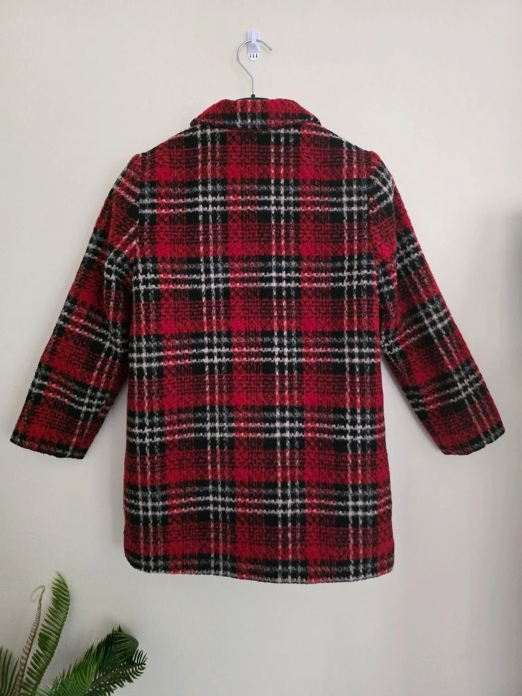 Next Girls Red & Black Tartan Check Wool-Blend Borg-Lined Coat (Age 7 Years / 122cm) obraz 4