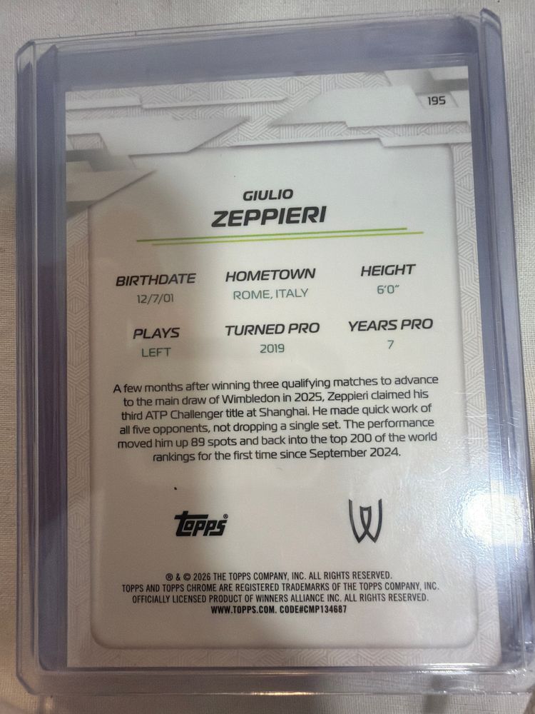 Single Topps chrome tenis 2026 giulio zeppieri /99 obraz 2