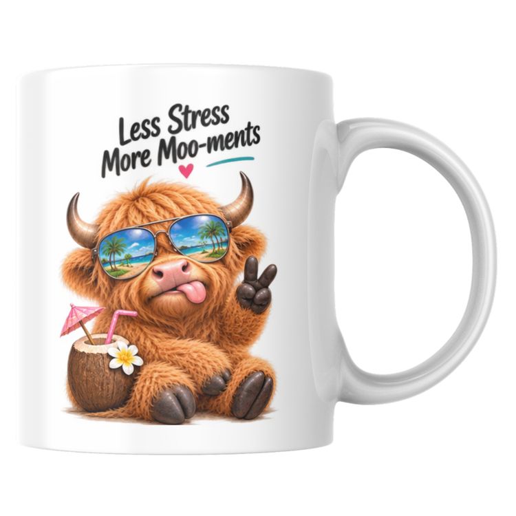 Relaxing Tropical Highland Cow Less Stress More Moo-ments Ceramic Coffee Mug – Beach Vacation Farm Animal with Sunglasses & Coconut Drink Tea Cup Gift (M1226)