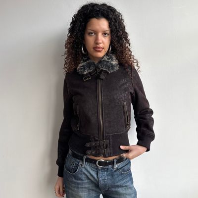 Brown buckle faux fur bomber - Size S