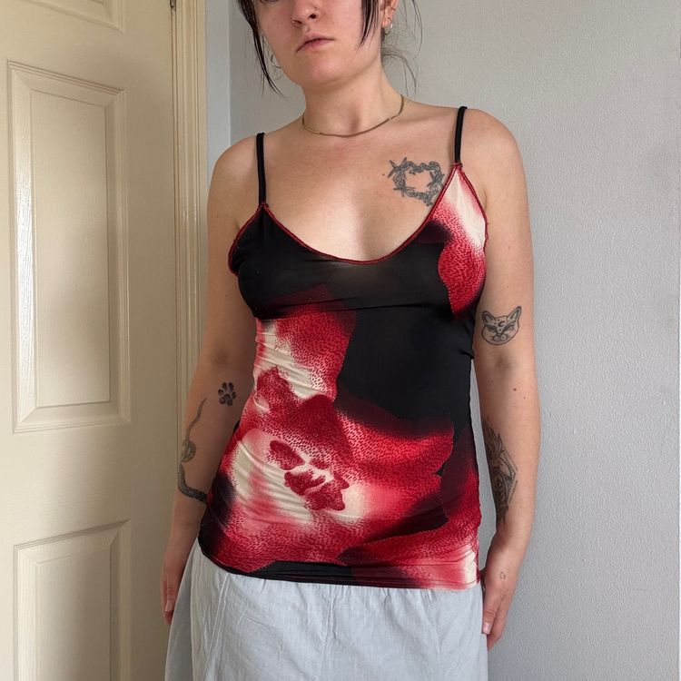 Black And floral Red Patterned Camisole Top