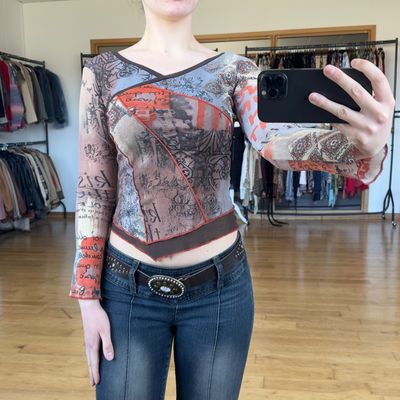 Cache Cache Graphc Print Mesh Long Sleeve Top
