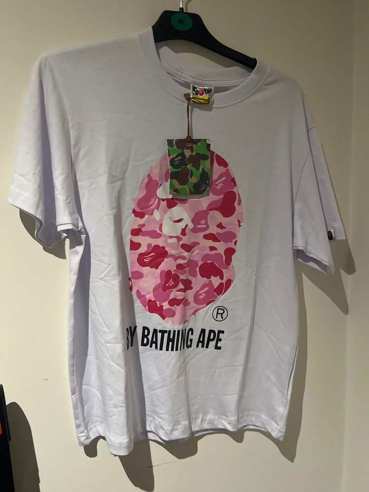 A Bathing Ape White T-Shirt With Pink Camo Ape Head Logo