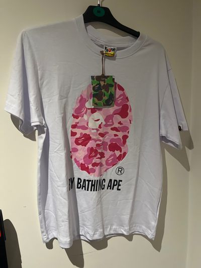 A Bathing Ape White T-Shirt With Pink Camo Ape Head Logo