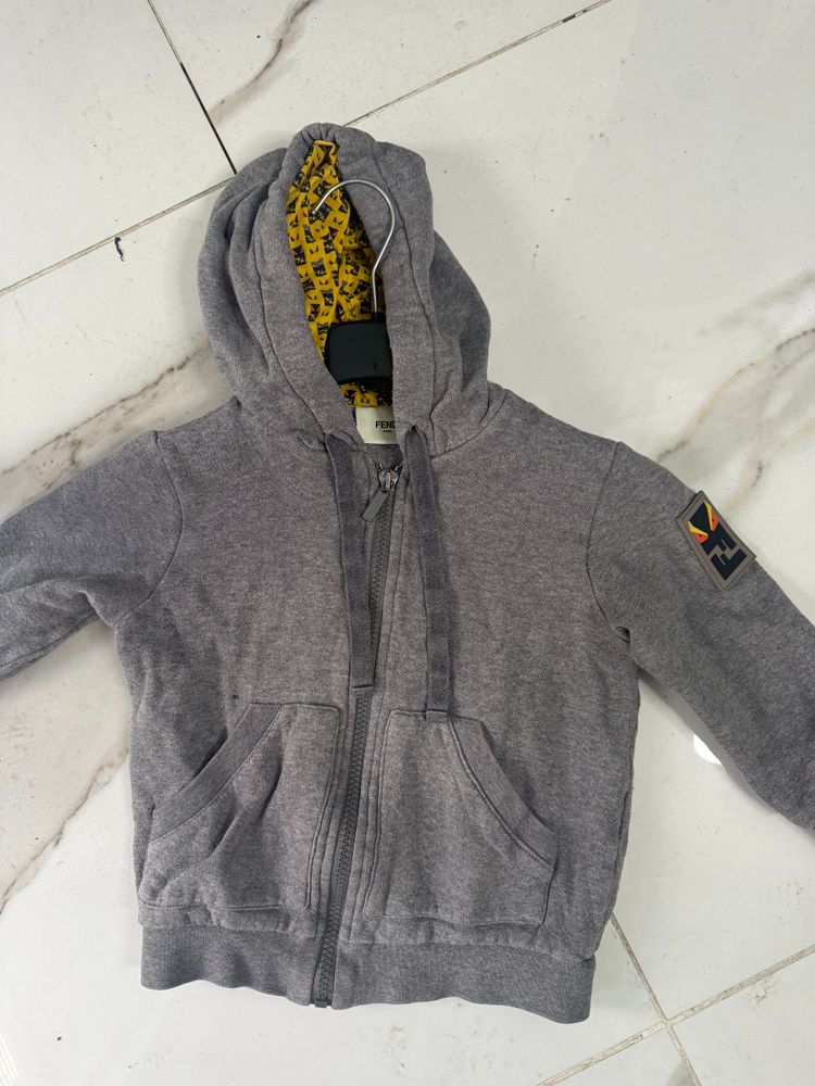 Grey Zip-Up Hoodie With Yellow Patterned Lining
