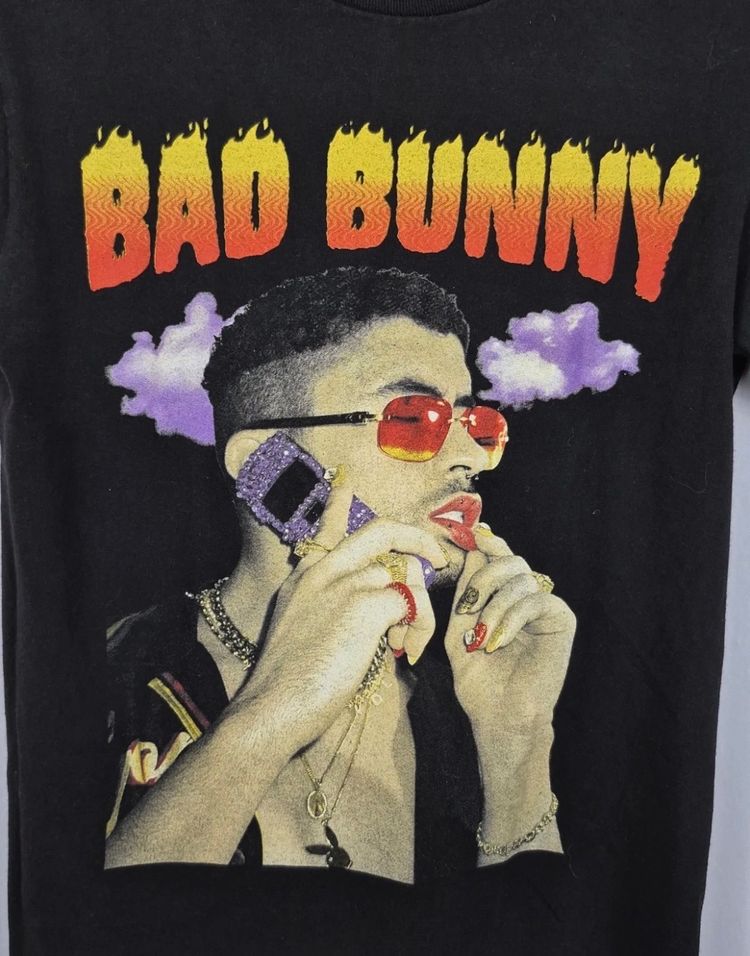 Alstyle Bad Bunny Graphic T-Shirt Small Black Flame Portrait Rap Music Tee image 3