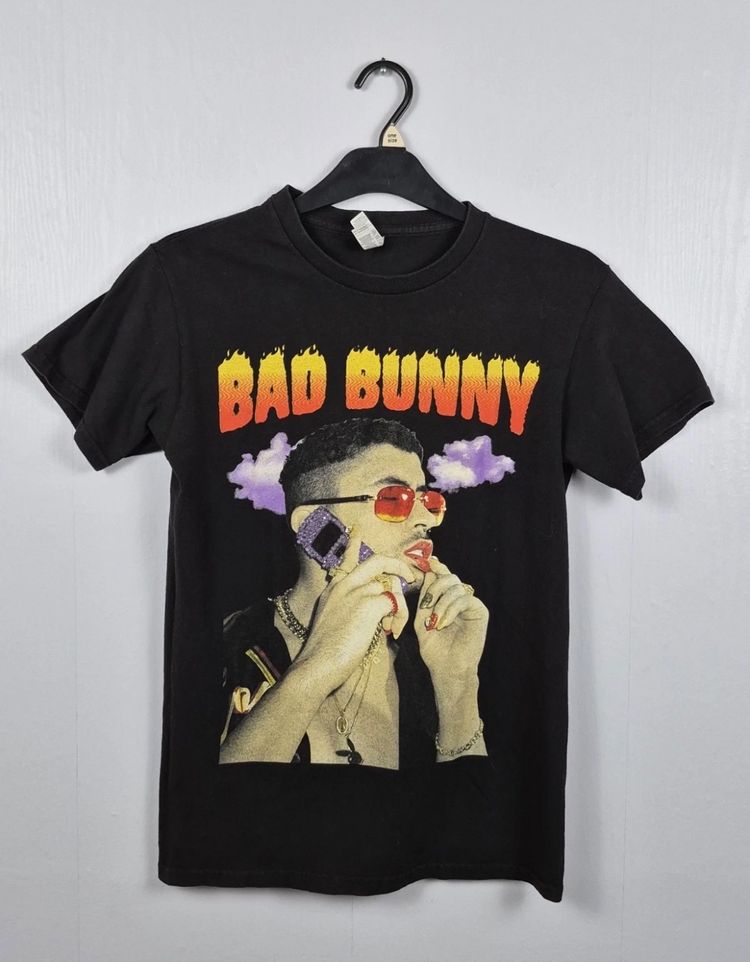 Alstyle Bad Bunny Graphic T-Shirt Small Black Flame Portrait Rap Music Tee