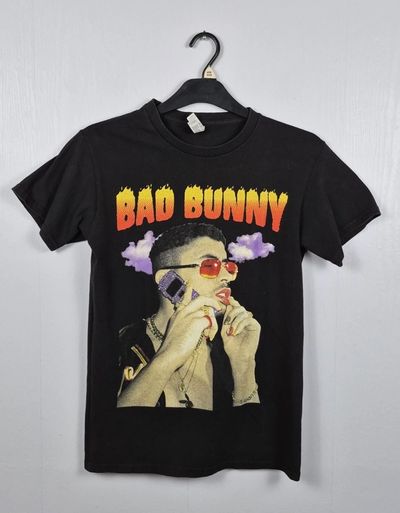 Alstyle Bad Bunny Graphic T-Shirt Small Black Flame Portrait Rap Music Tee